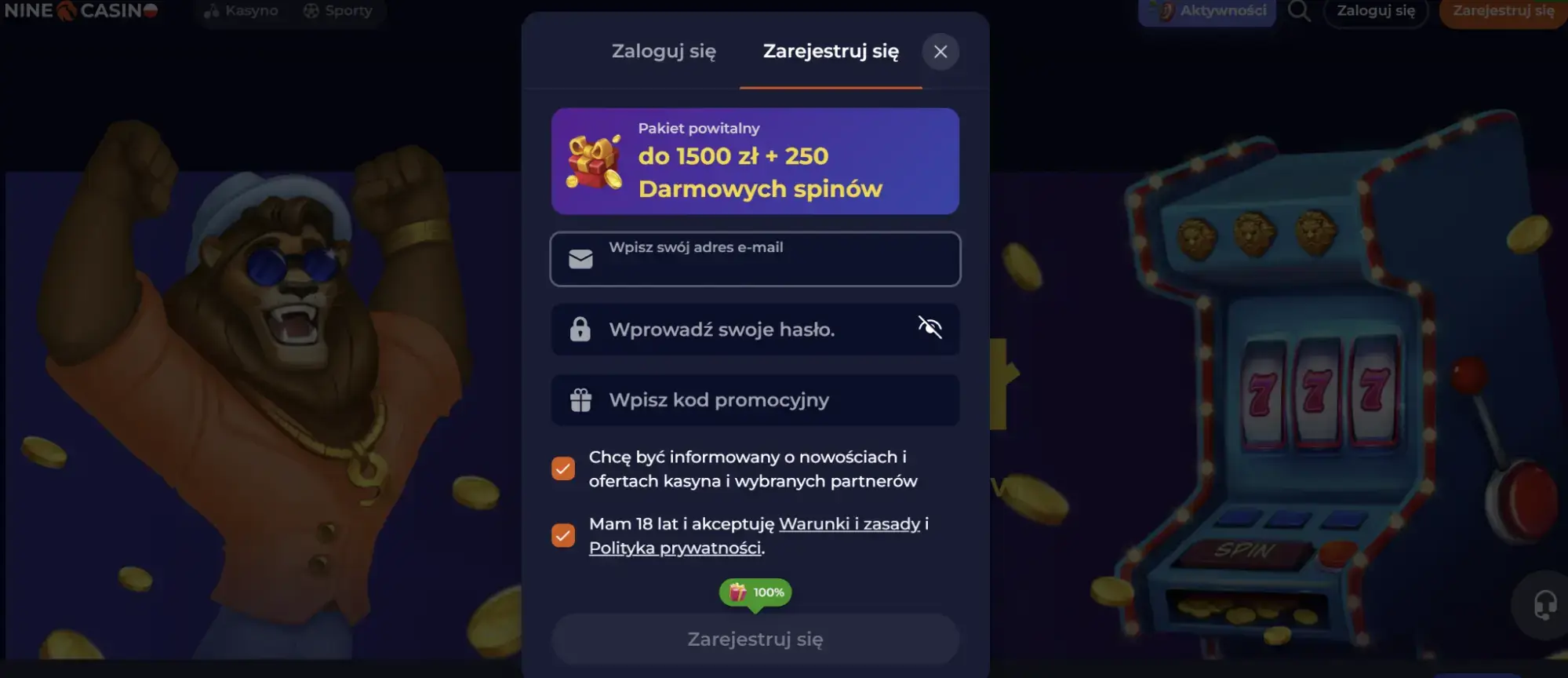 rejestracja w kasynie nine