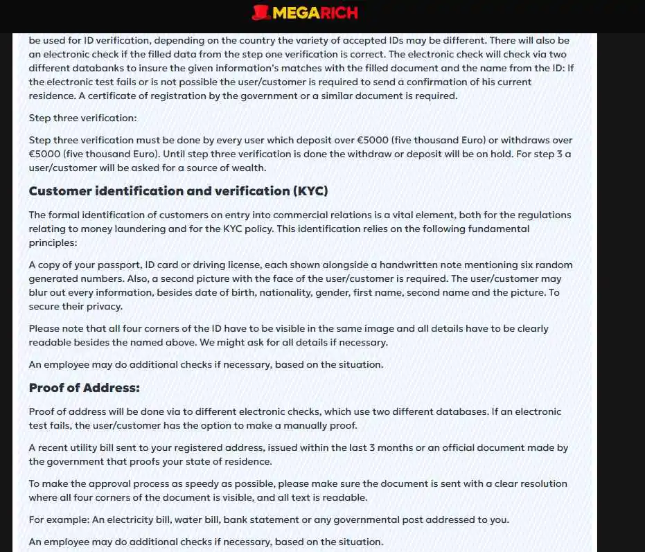megarich casino kyc
